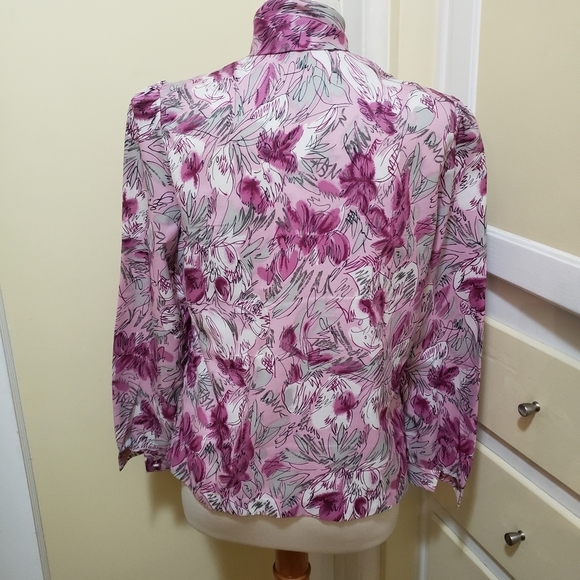 Vintage Tie Neck Blouse / Pink, Gray & White / Estimates Large - Picture 4 of 6